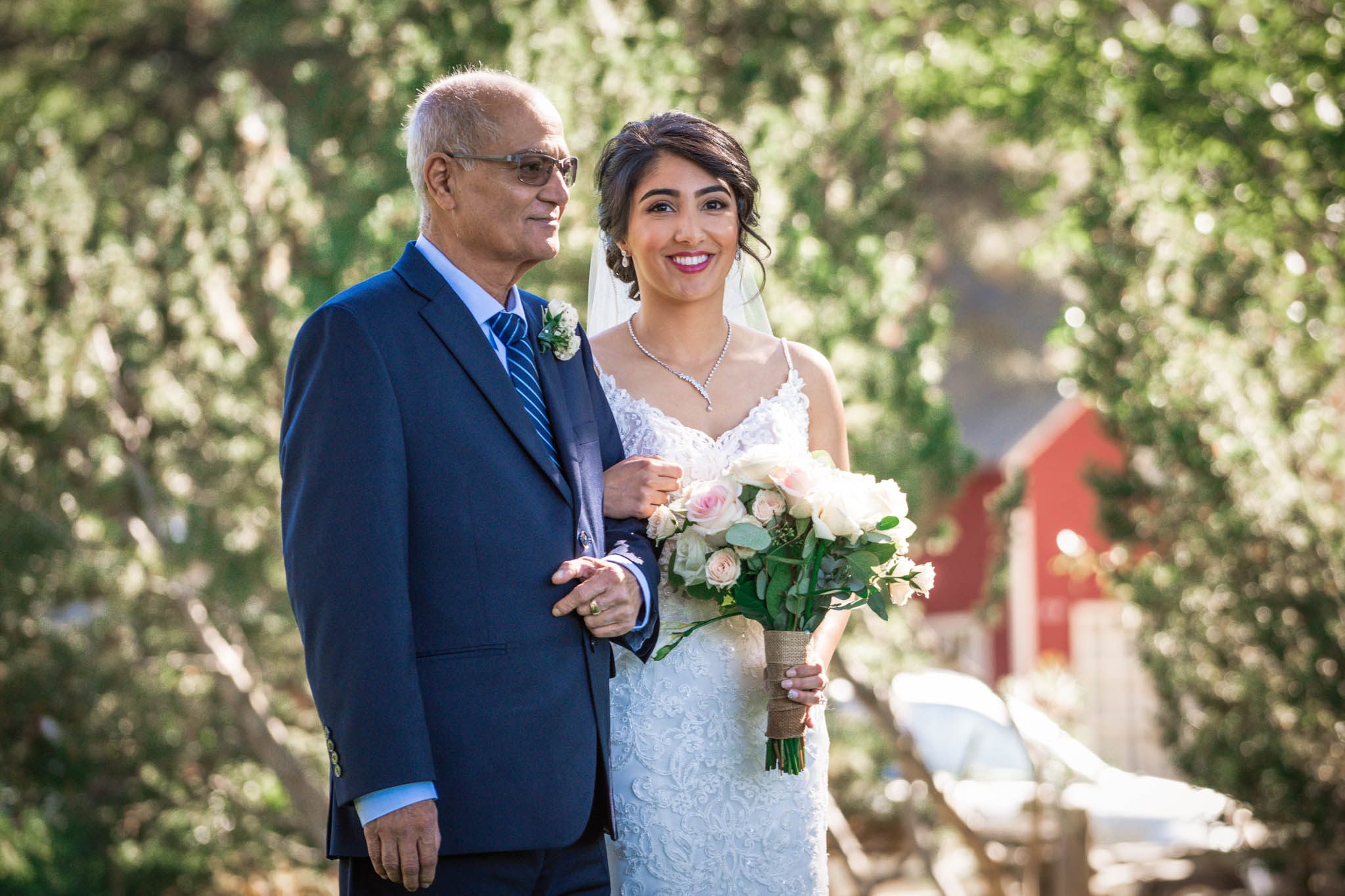 Bride's father holds his daughter's hand as they prepare to walk down the aisle