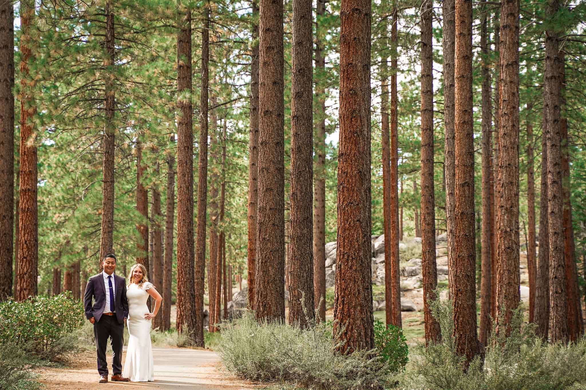 Lakeside Beach Wedding | Mandy + Chris Bride and groom surrounded by pine trees in South Lake Tahoe