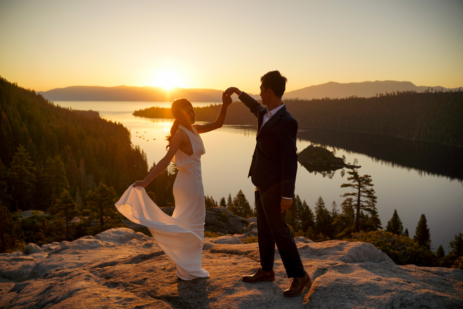 Sunrise elopement over Emerald Bay by Lake Tahoe wedding photographer Starscape Studios