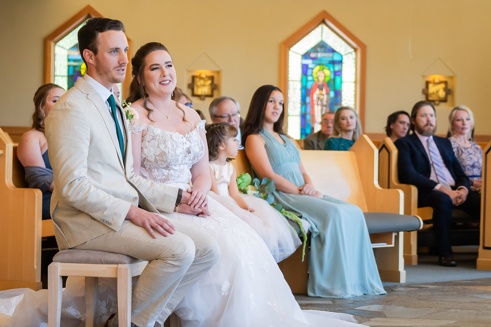 Newlyweds outside St. Francis of Assisi church in Incline Village