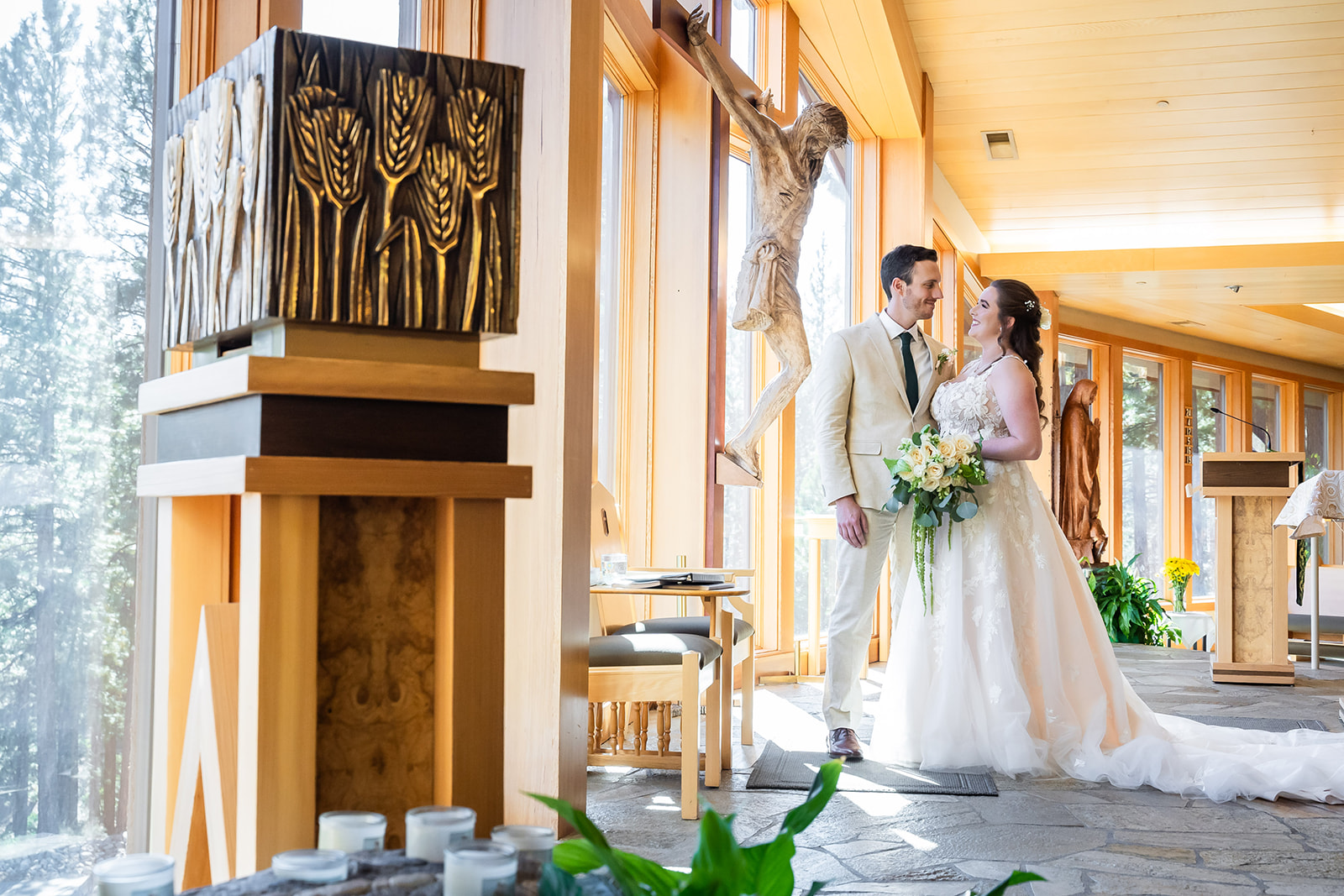 Bride holding bouquet at St. Francis of Assisi Lake Tahoe wedding